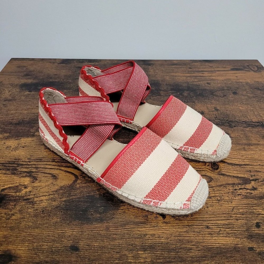 Lands End Womens Espadrille Sandals Red Beige Flat Shoe Summer Travel Size 7